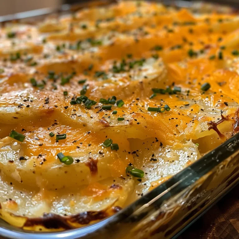 Delicately plated potato casserole with a rich texture and garnished with fresh chives.