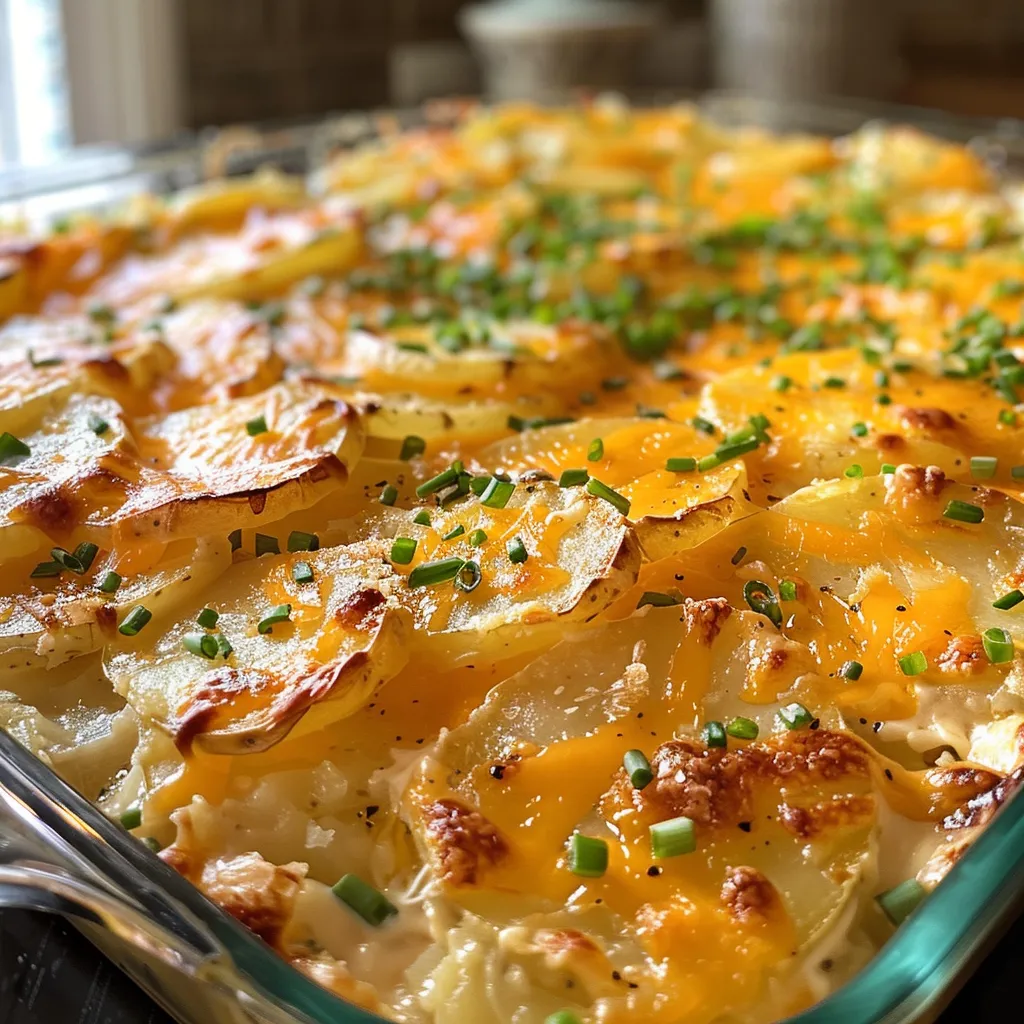 A luscious potato casserole with a gooey cheese topping, displayed in a baking dish.