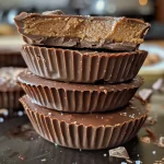 Detail shot of a dessert cup filled with peanut butter and topped with chocolate chunks and Reese's Pieces.
