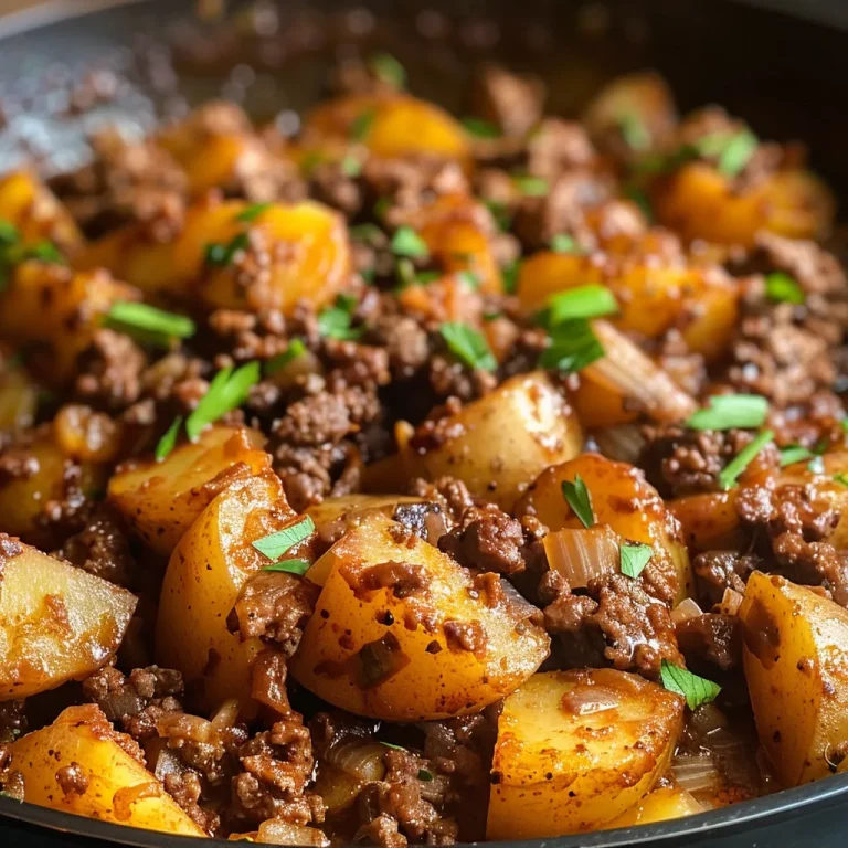Harmony in a Bowl: Discovering the Joy of One Pot Ground Beef and Potatoes Juicy ground beef and diced potatoes displayed attractively on a plate.