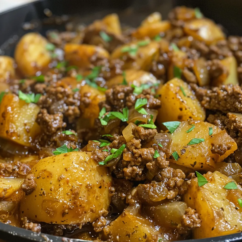 Close-up of One Pot Ground Beef and Potatoes, highlighting the meal's texture and ingredients.