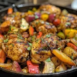 Close-up view of cooked chicken and vibrant veggies in a skillet.