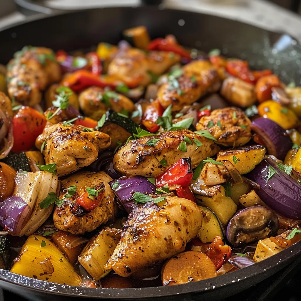 Savory chicken and a medley of vegetables displayed in a frying pan.