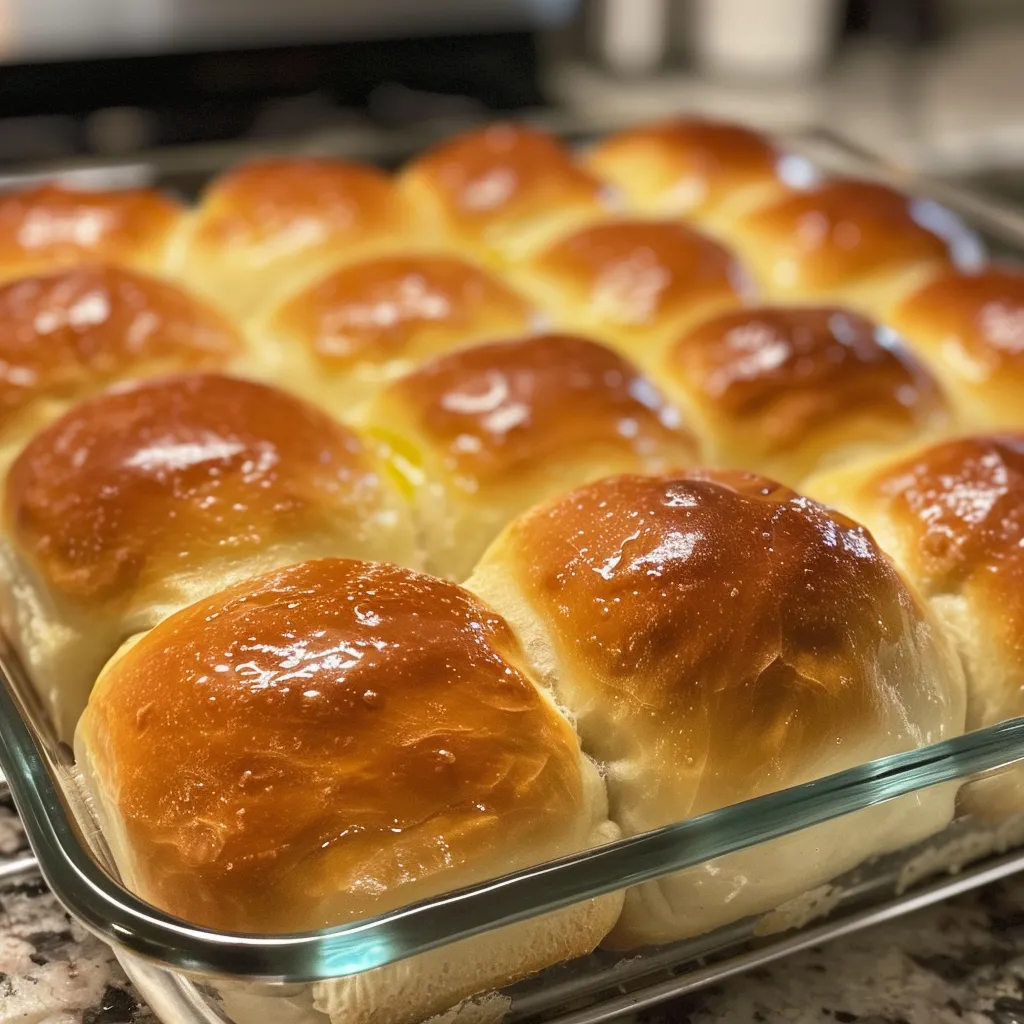 Warm, golden homemade dinner rolls displayed in a basket, showcasing their inviting appearance.