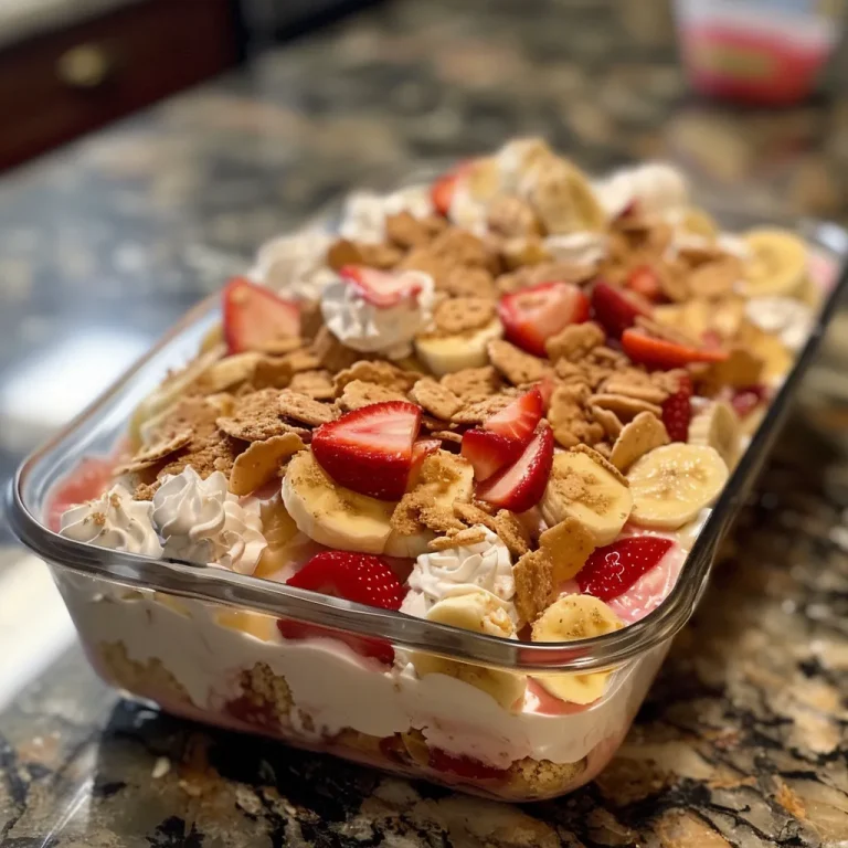 Juicy, vibrant strawberry banana pudding with a smooth texture and colorful fruit garnishing.