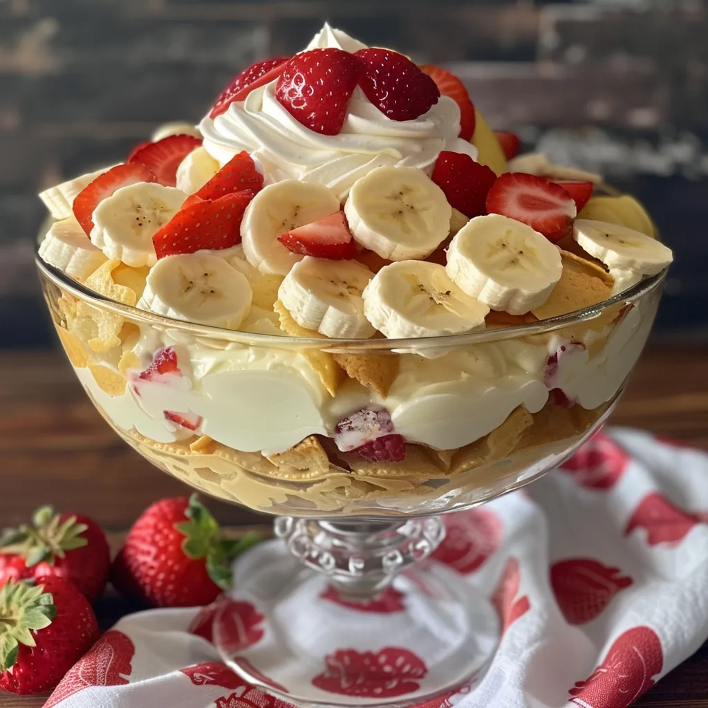 Appetizing dessert presentation showcasing layers of vanilla wafers, strawberries, and bananas.