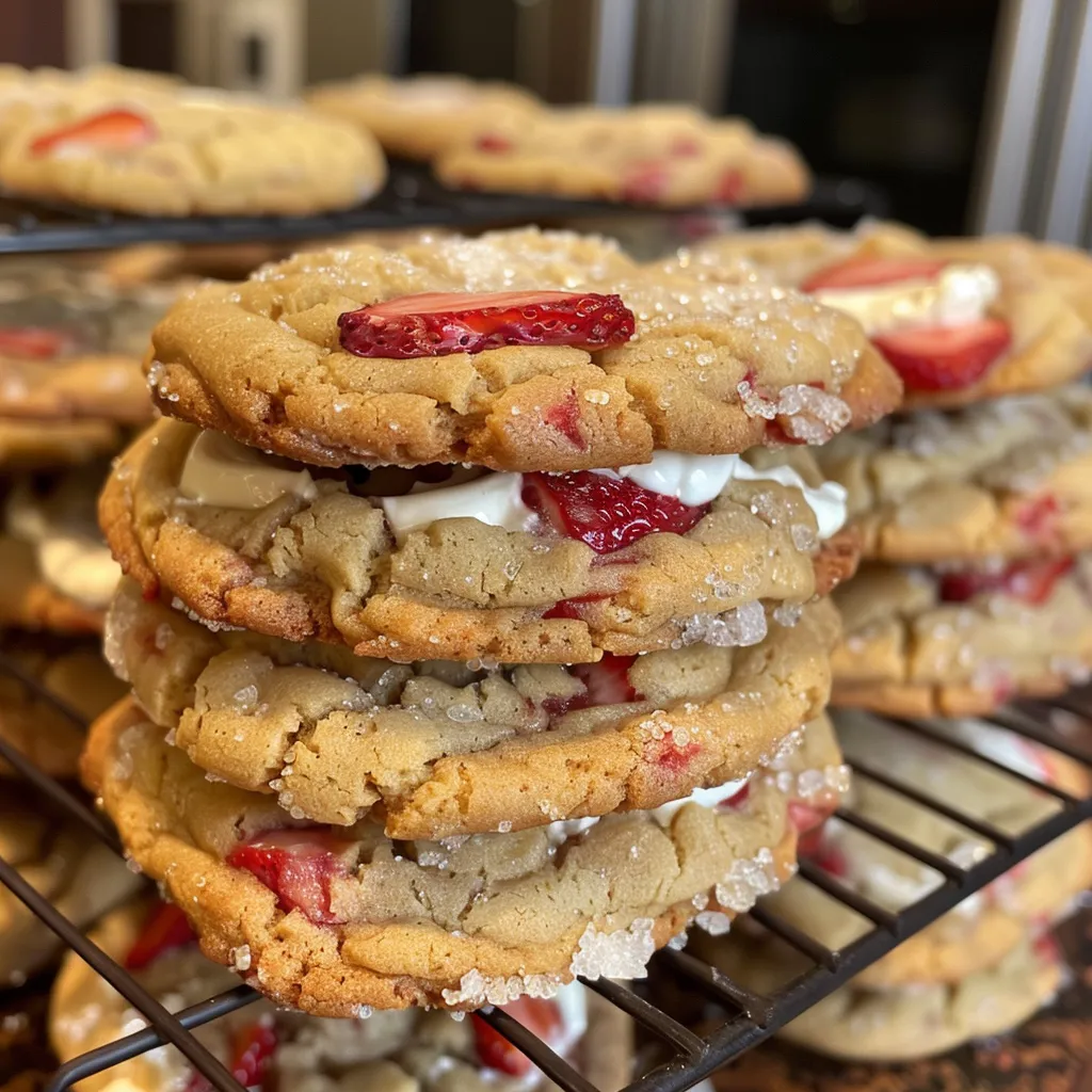 Freshly baked strawberry cheesecake cookies, featuring a crumbly surface dotted with strawberries.