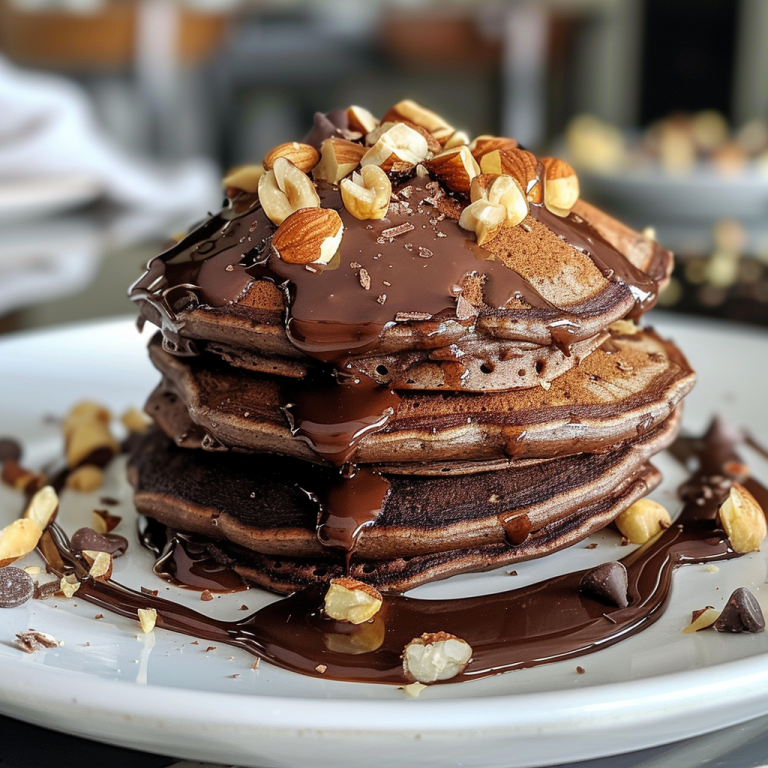 Indulge in Fluffy Vegan Chocolate Hazelnut Pancakes with Decadent Ganache