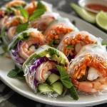 Freshly rolled Vietnamese spring rolls with shrimp, herbs, and vegetable strips in clear rice wrappers.