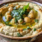 Detailed image of lemon basil hummus showcasing its smooth texture and fresh herb garnish.