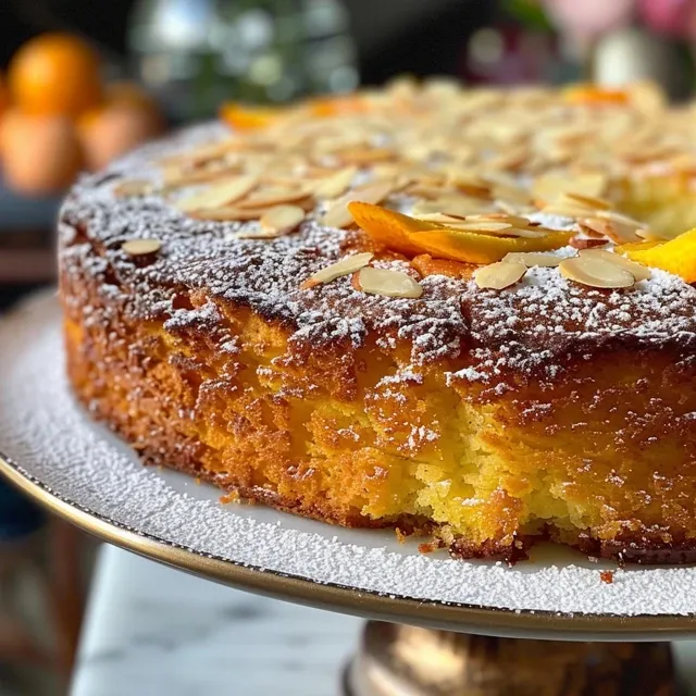 Brighten Your Table with This Italian Almond Orange Cake A detailed side view of Italian Almond Orange Cake revealing its orange zest and almond flour layers.