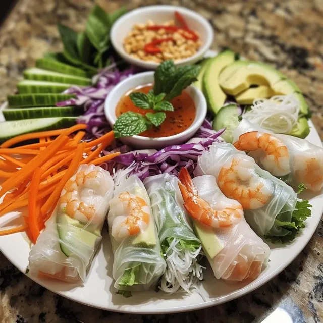 Detailed image of vibrant Vietnamese spring rolls filled with shrimp and fresh vegetables on a plate.