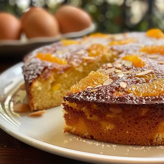 A vibrant slice of Italian Almond Orange Cake garnished with almonds, showcasing its juicy orange flavor.