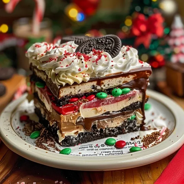 Chocolate Lasagna with shiny chocolate topping and crumbled Oreos on the side.