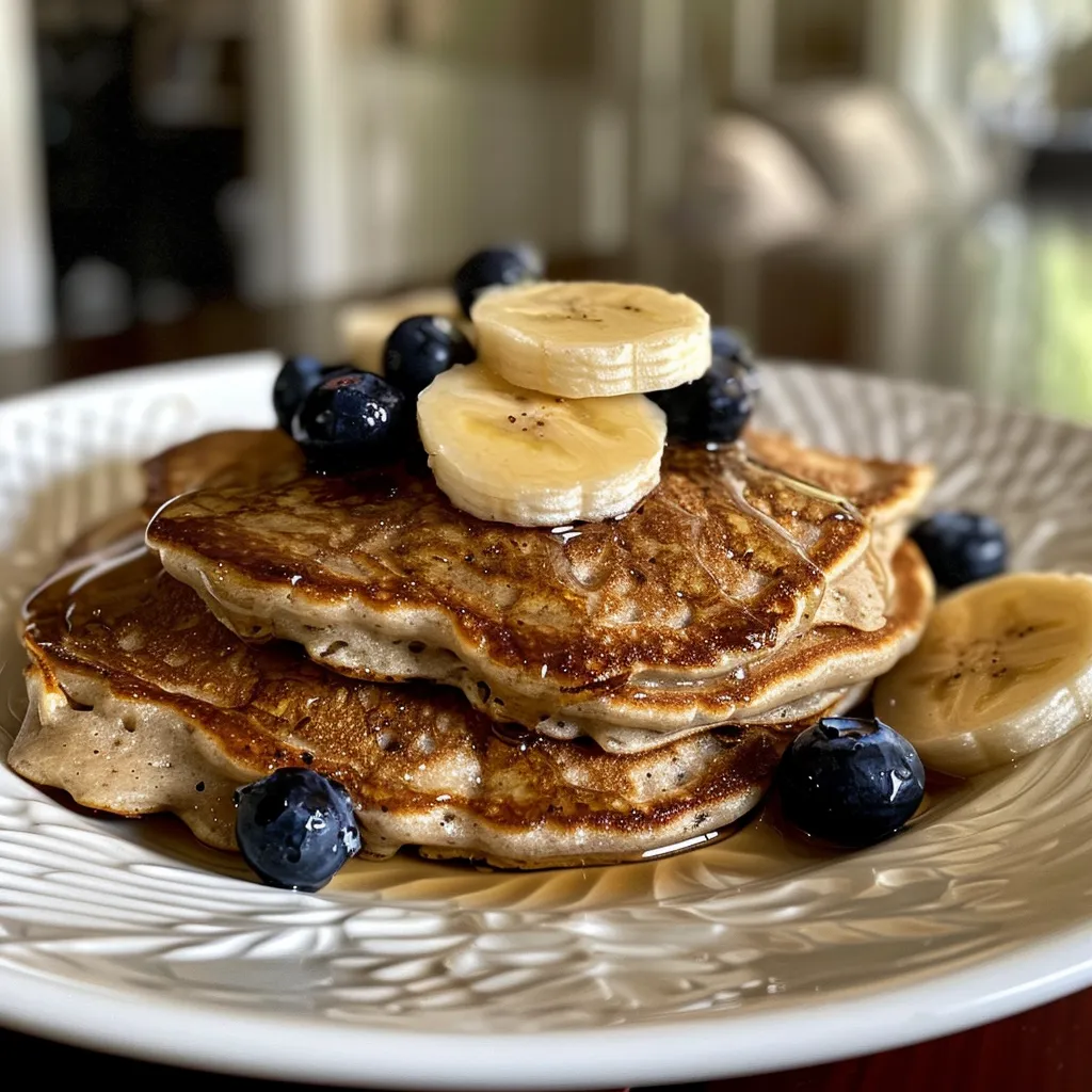 Delicious stack of banana pancakes with visible blueberries and cinnamon dusting.