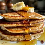 Three-ingredient banana pancakes topped with fresh blueberries and syrup.