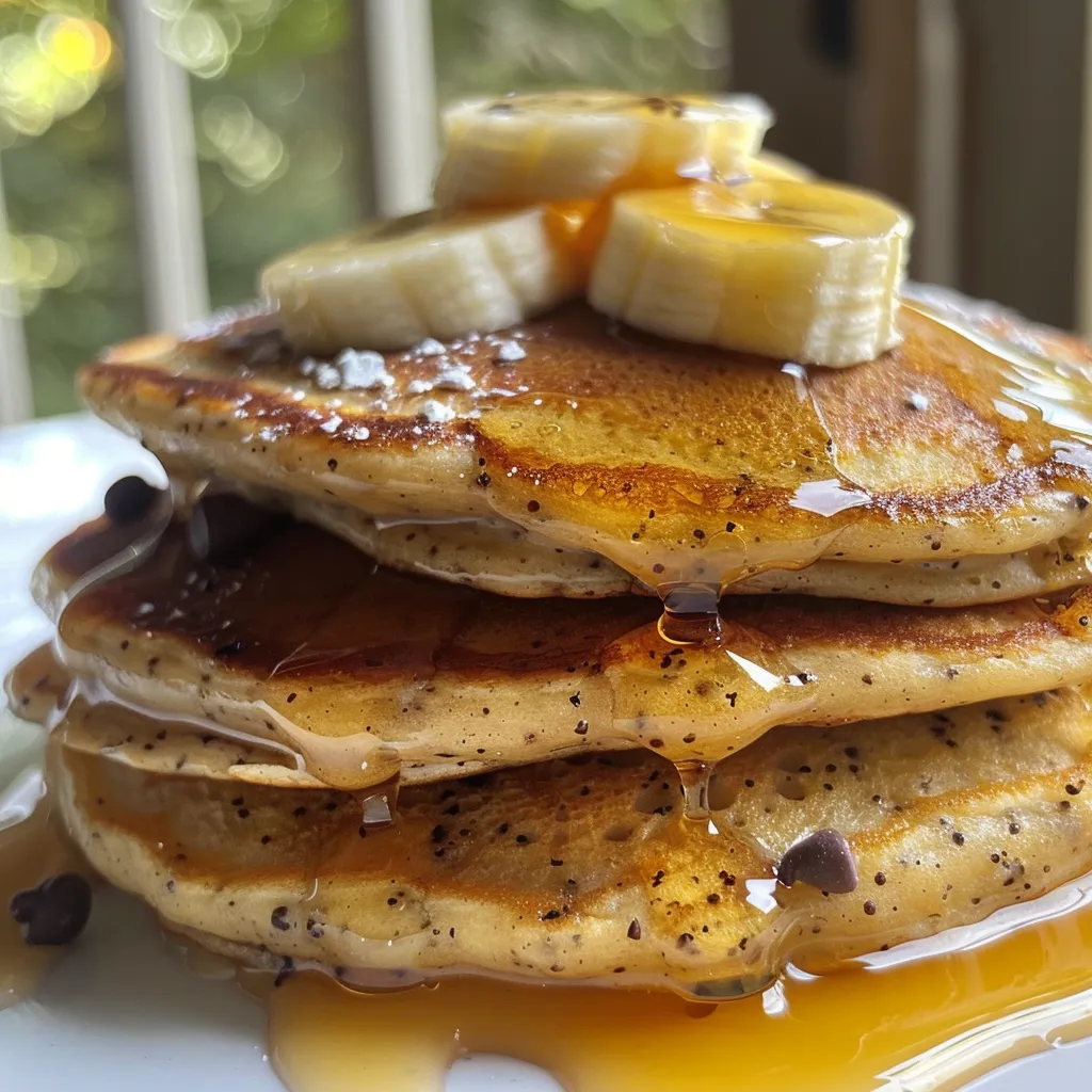 Side view of perfectly cooked banana pancakes, showing a soft, fluffy texture.