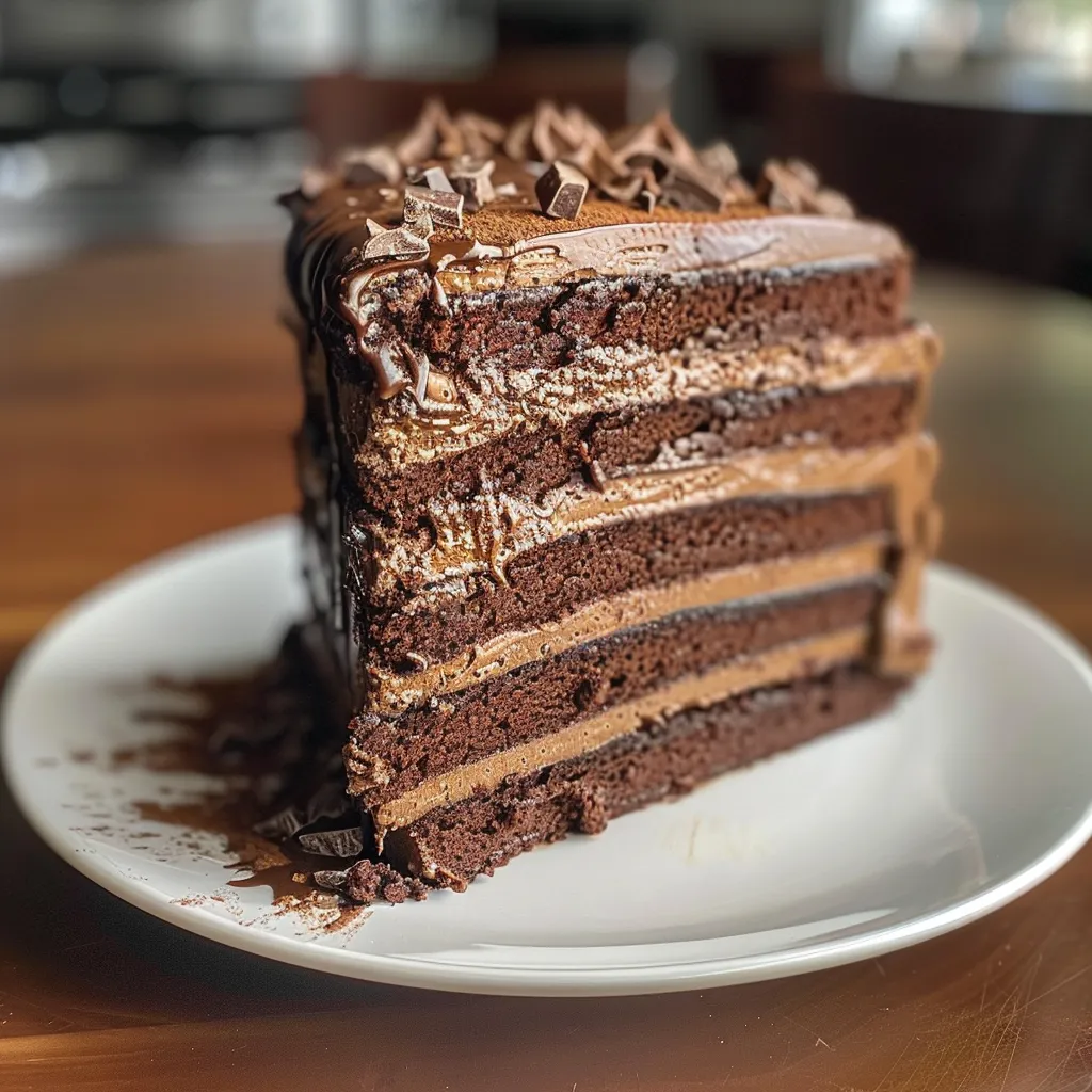 Rich, layered chocolate dessert displayed from the side, featuring deep chocolate hues and a dusting of cocoa powder.