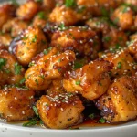 Side view of tender chicken bites drizzled with hot honey, showcasing their juicy texture.