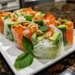 A detailed image of avocado spring rolls, featuring rice paper and fresh herbs alongside a peanut sauce.