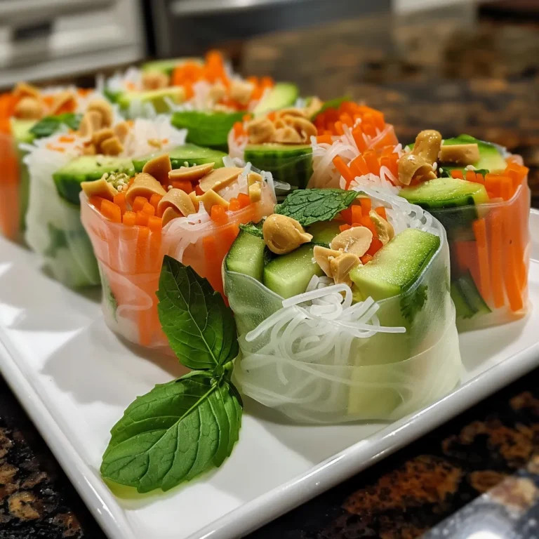 A detailed image of avocado spring rolls, featuring rice paper and fresh herbs alongside a peanut sauce.