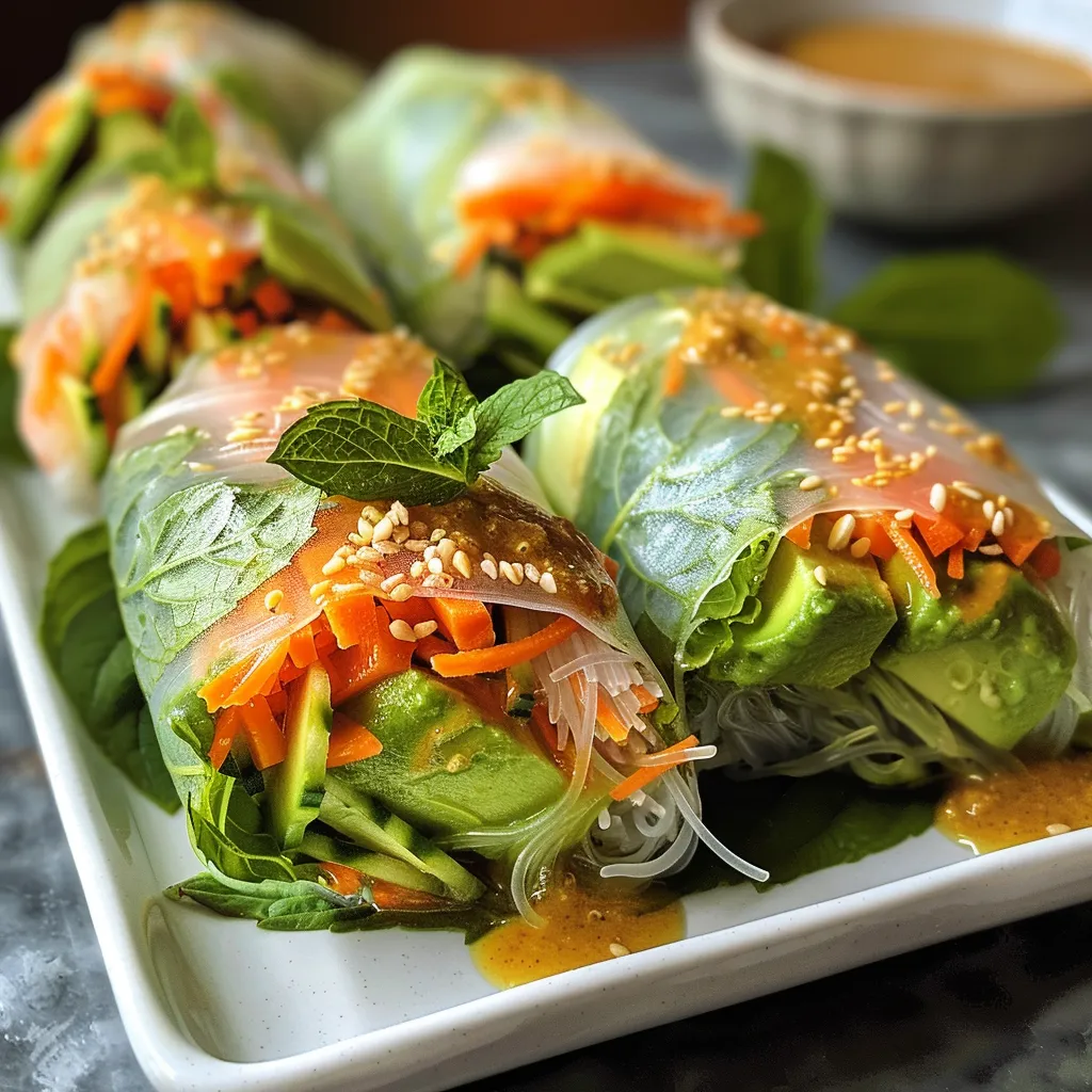 Side view of avocado spring rolls filled with carrots and cucumbers, accompanied by a creamy dipping sauce.