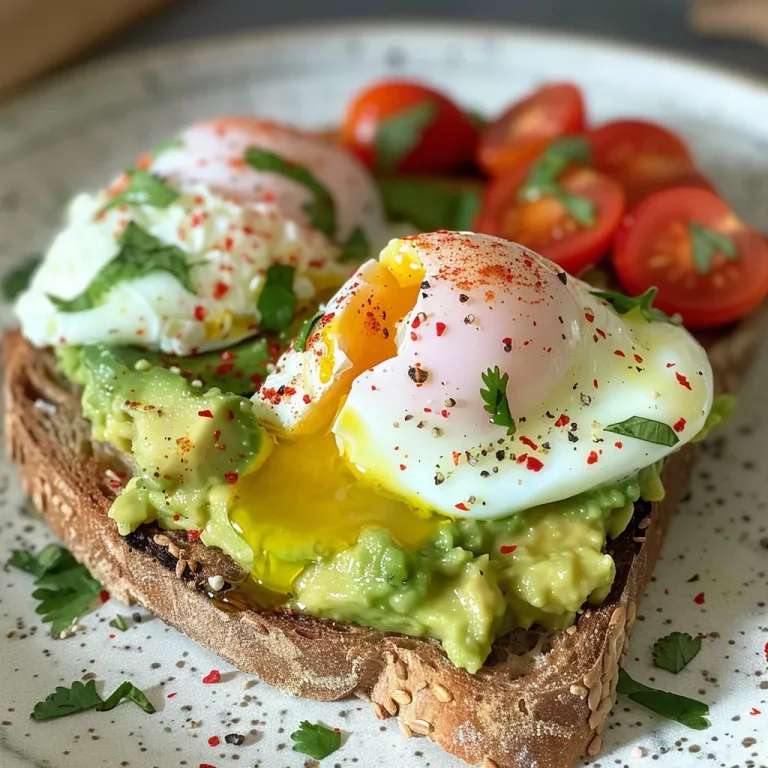 Juicy avocado spread on toast with a soft poached egg, showcasing vibrant colors.