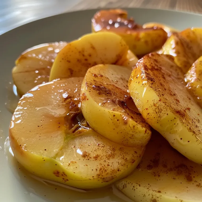 Juicy, caramelized apple wedges with a golden brown hue, topped with whipped cream.