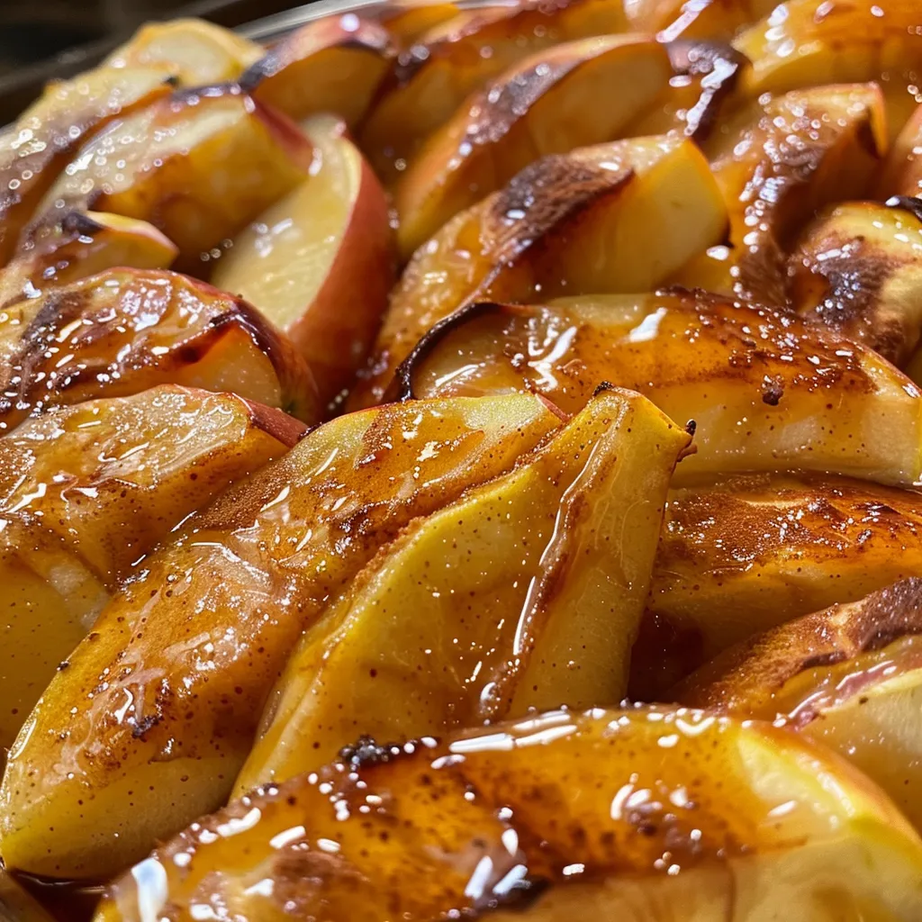 Sliced baked apples on a dish, showcasing their glossy texture and vibrant color.
