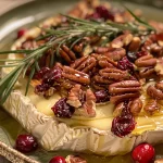 A delectable baked Brie served warm with cranberries, pecans, and a honey glaze, displayed artistically.