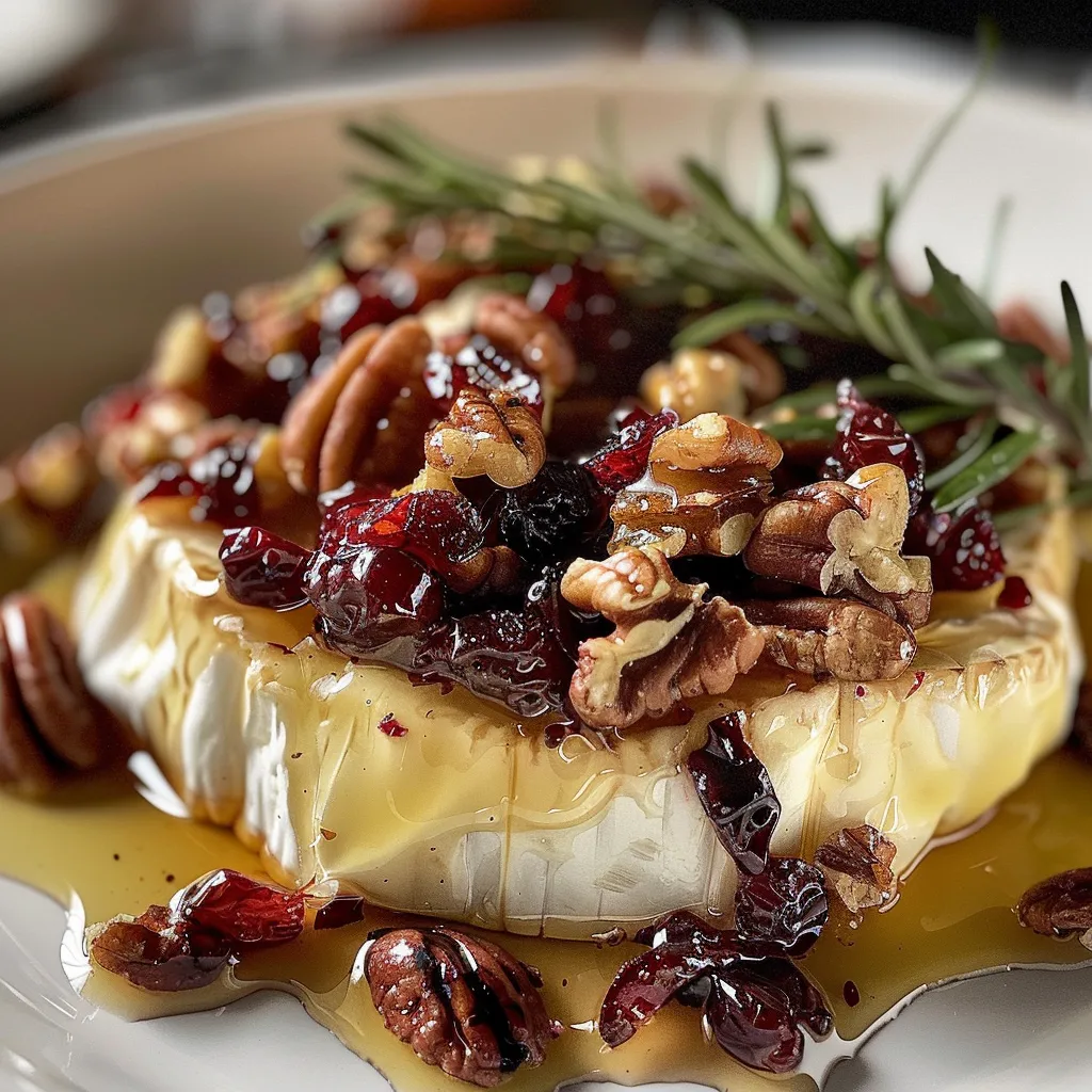 A tempting wheel of baked Brie, showing melted interior, topped with dried cranberries, pecans, and honey.