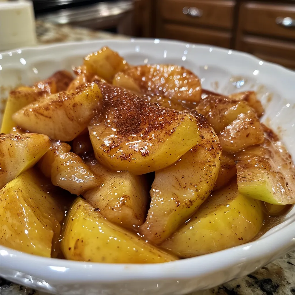 Side view of baked cinnamon apples showcasing the delicious crumble filling.