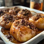 A side view of delicious baked apples, golden brown with a crunchy topping.