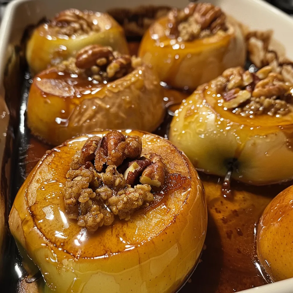 Close-up of warm cinnamon sugar apples, garnished with oats and pecans.