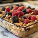 Textured image of baked oatmeal, showcasing its delicious ingredients and vibrant berry toppings.