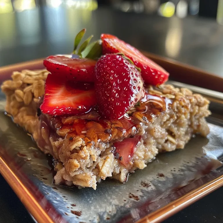 A side perspective of vibrant baked strawberry oatmeal, showcasing juicy strawberries and a creamy texture.