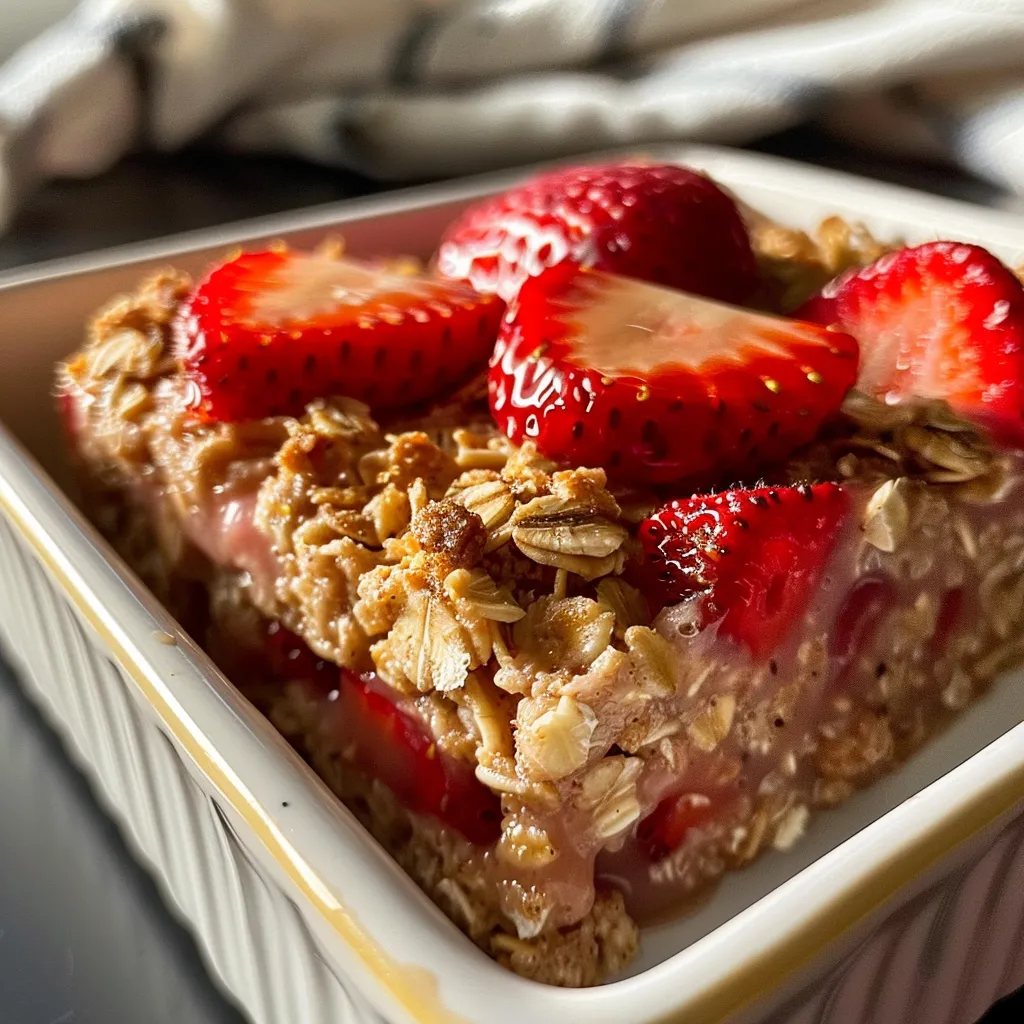 A detailed image of baked strawberry oatmeal, with visible layers of oats and fresh fruit.