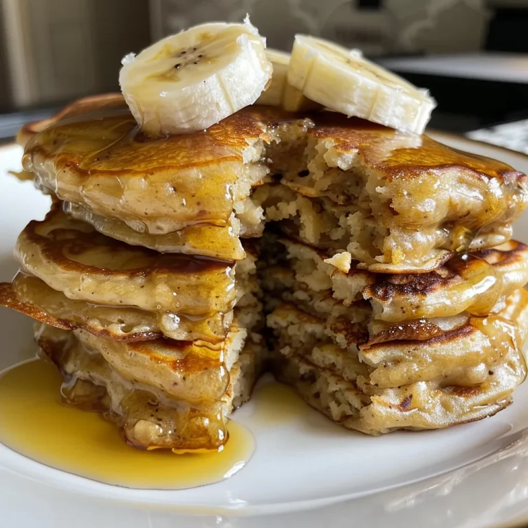 Energize Your Mornings with Delicious Banana Protein Pancakes Side view of banana protein pancakes drizzled with syrup, garnished with banana slices.