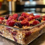Juicy berry baked oatmeal served in a dish, showcasing its texture and ingredients.