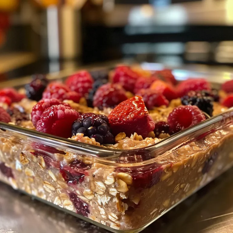 Juicy berry baked oatmeal served in a dish, showcasing its texture and ingredients.