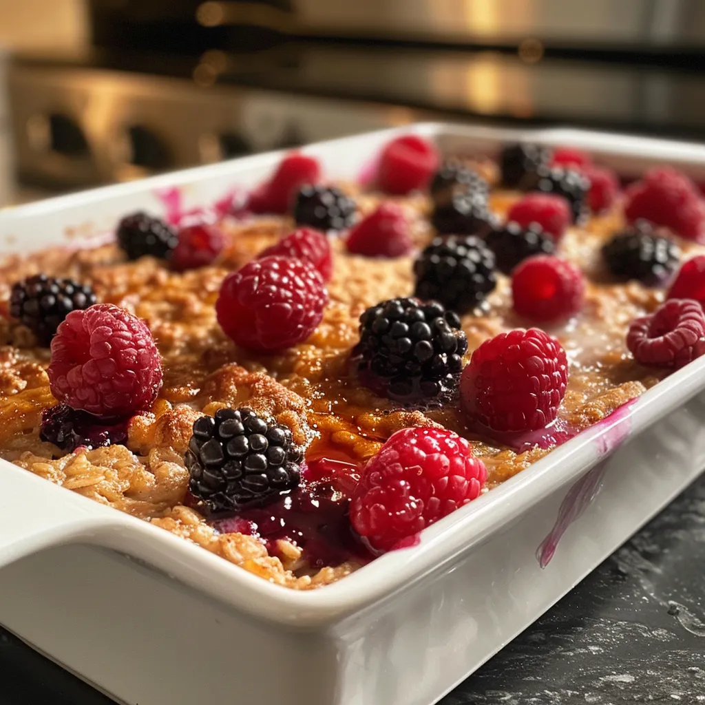 A detailed shot of berry baked oatmeal featuring strawberries, blueberries, and raspberries.