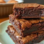 A detailed side view of freshly baked brownies, emphasizing their dense and gooey consistency.