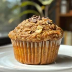 A side perspective of baked banana muffins, showing their fluffy interior and top with melted chocolate chips.