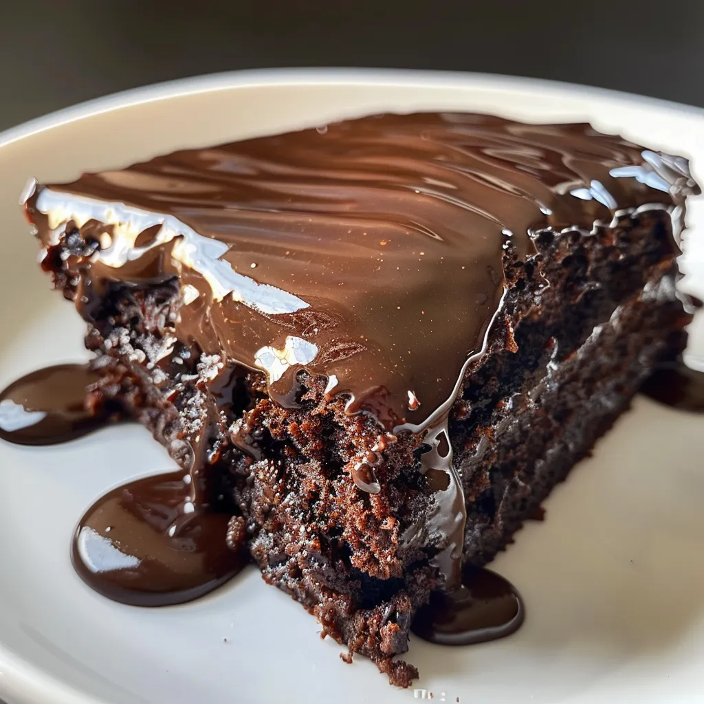 Close-up of a chocolate cake slice revealing its fluffy interior and creamy topping.