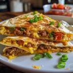Juicy breakfast quesadilla on a plate showcasing its golden-brown tortilla.