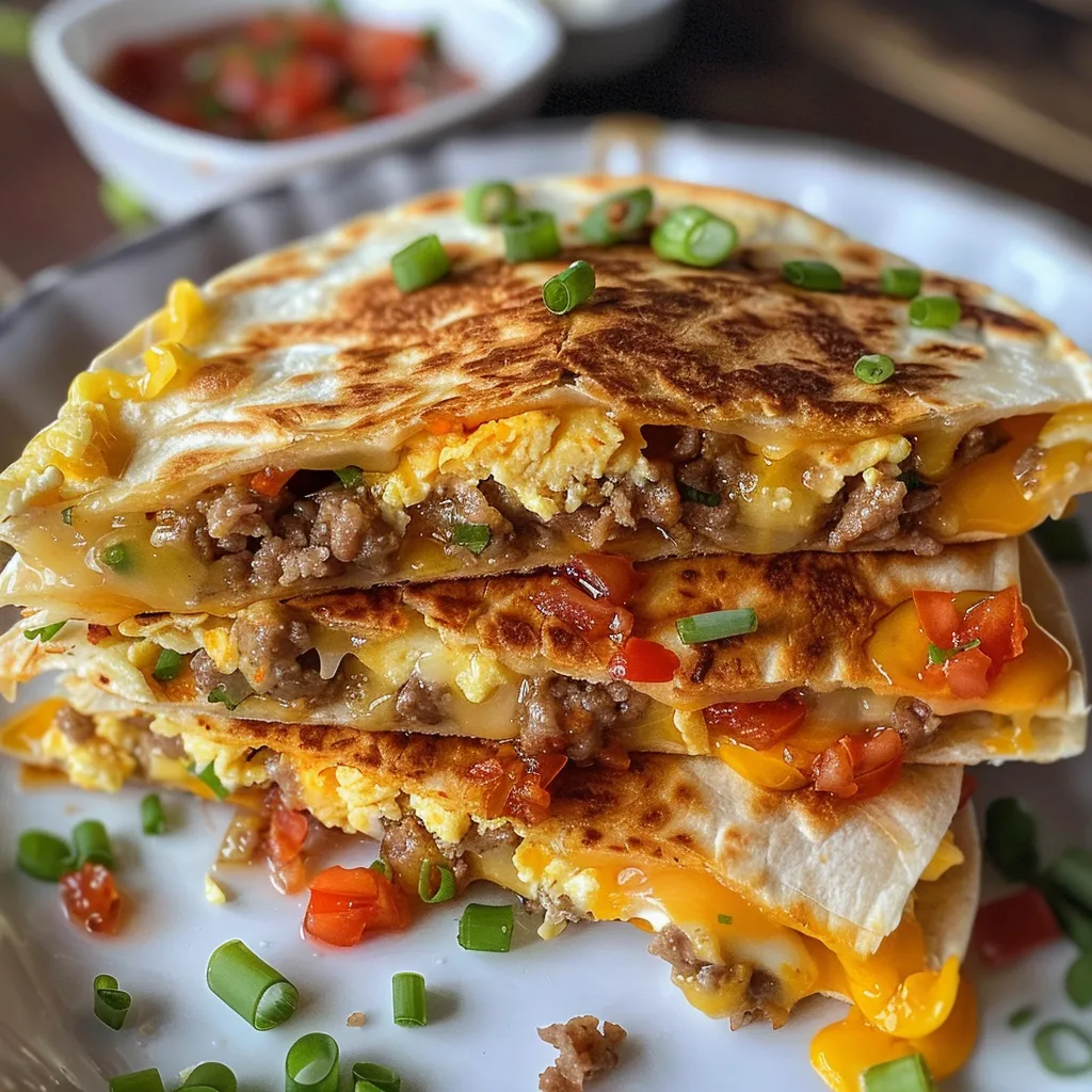 Detailed shot of a breakfast quesadilla highlighting its ingredients like eggs and turkey.