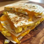 Juicy breakfast quesadillas with oozing cheese and hints of chopped onions and bell peppers.