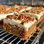 Side view of juicy carrot cake bars, showcasing the grated carrot and walnuts on top.