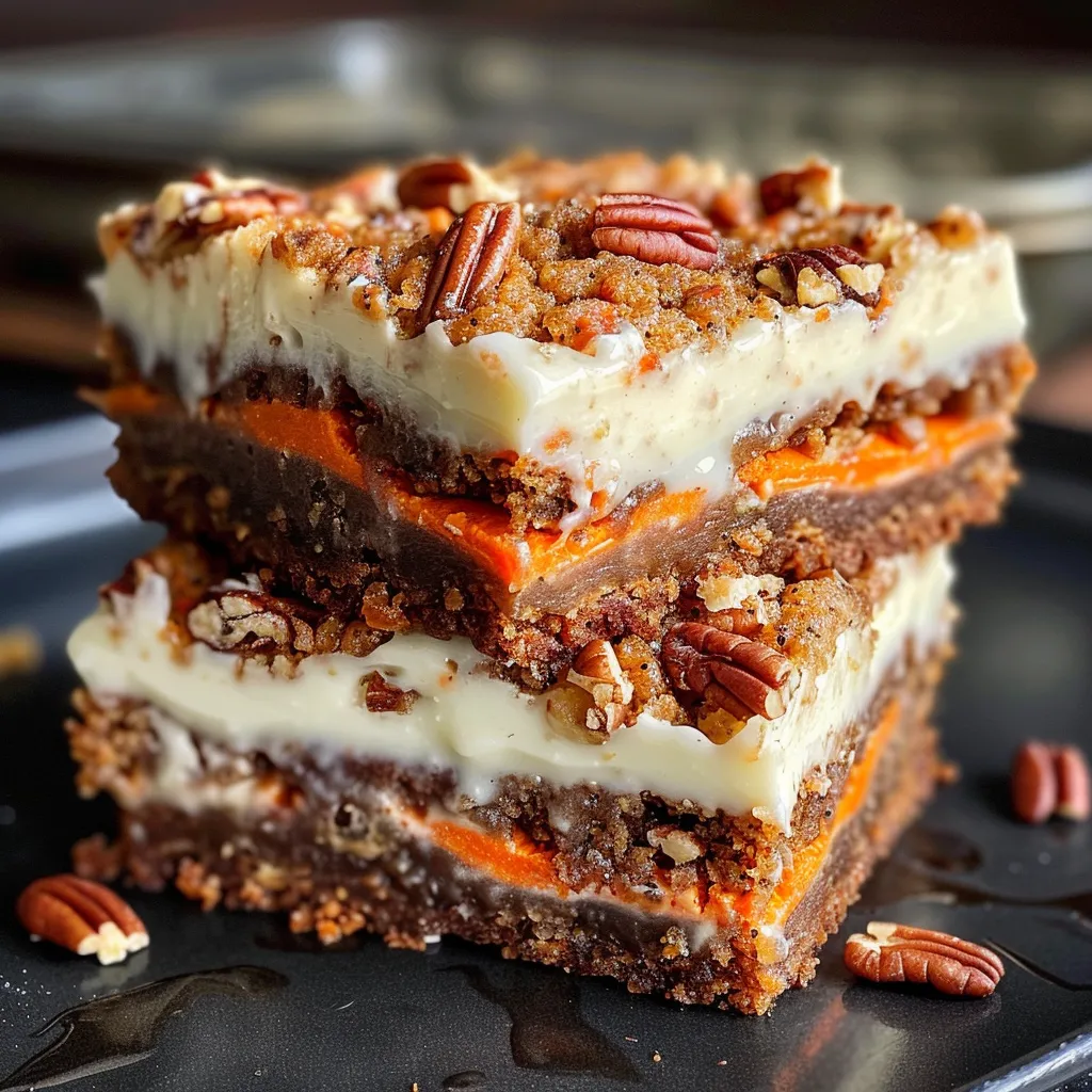 Moist carrot cake bars featuring rich cream cheese frosting and crunchy pecans on top.