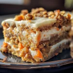 Juicy carrot cake breakfast bars with a soft crumb, garnished with a light frosting and sprinkled nuts.